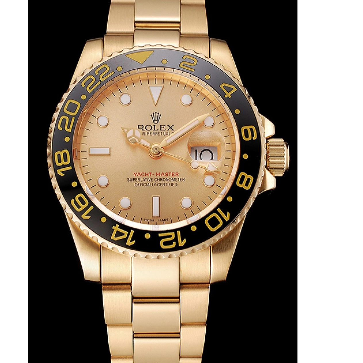Aaa replica watch Bracelet Gold II Black Bezel Swiss 1453749 GMT Case Dial Rolex Gold And Master 0725